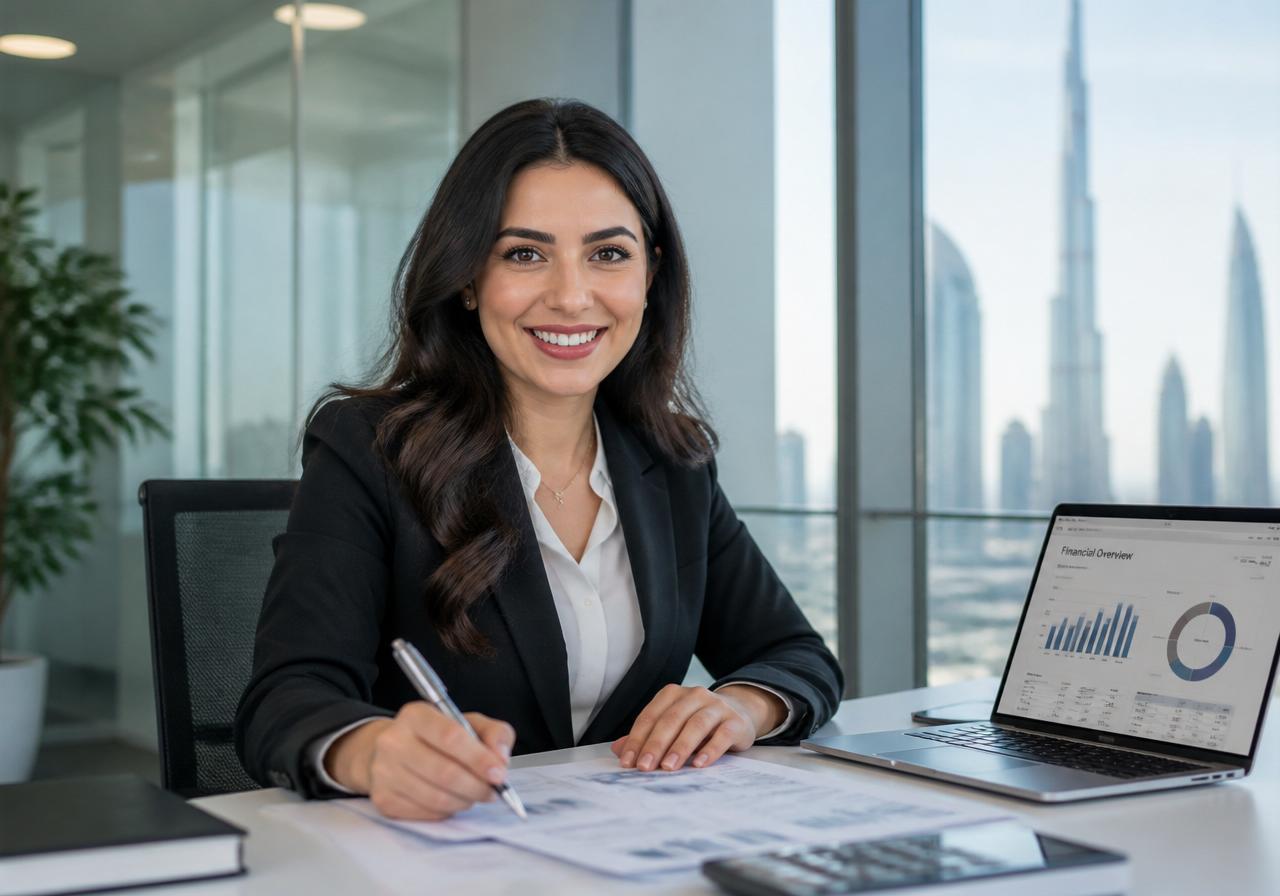 Professional accountant reviewing financial reports in Dubai office